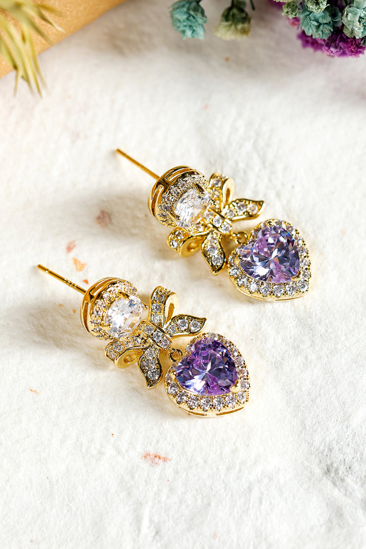 Gold Plated Rhinestone Bows & Faux Purple Heart Gemstone Sparkly Dangle Pierced Earrings