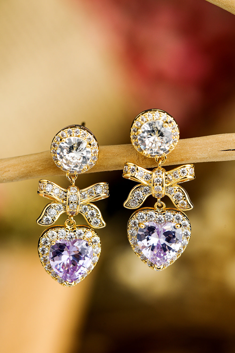 Gold Plated Rhinestone Bows & Faux Purple Heart Gemstone Sparkly Dangle Pierced Earrings