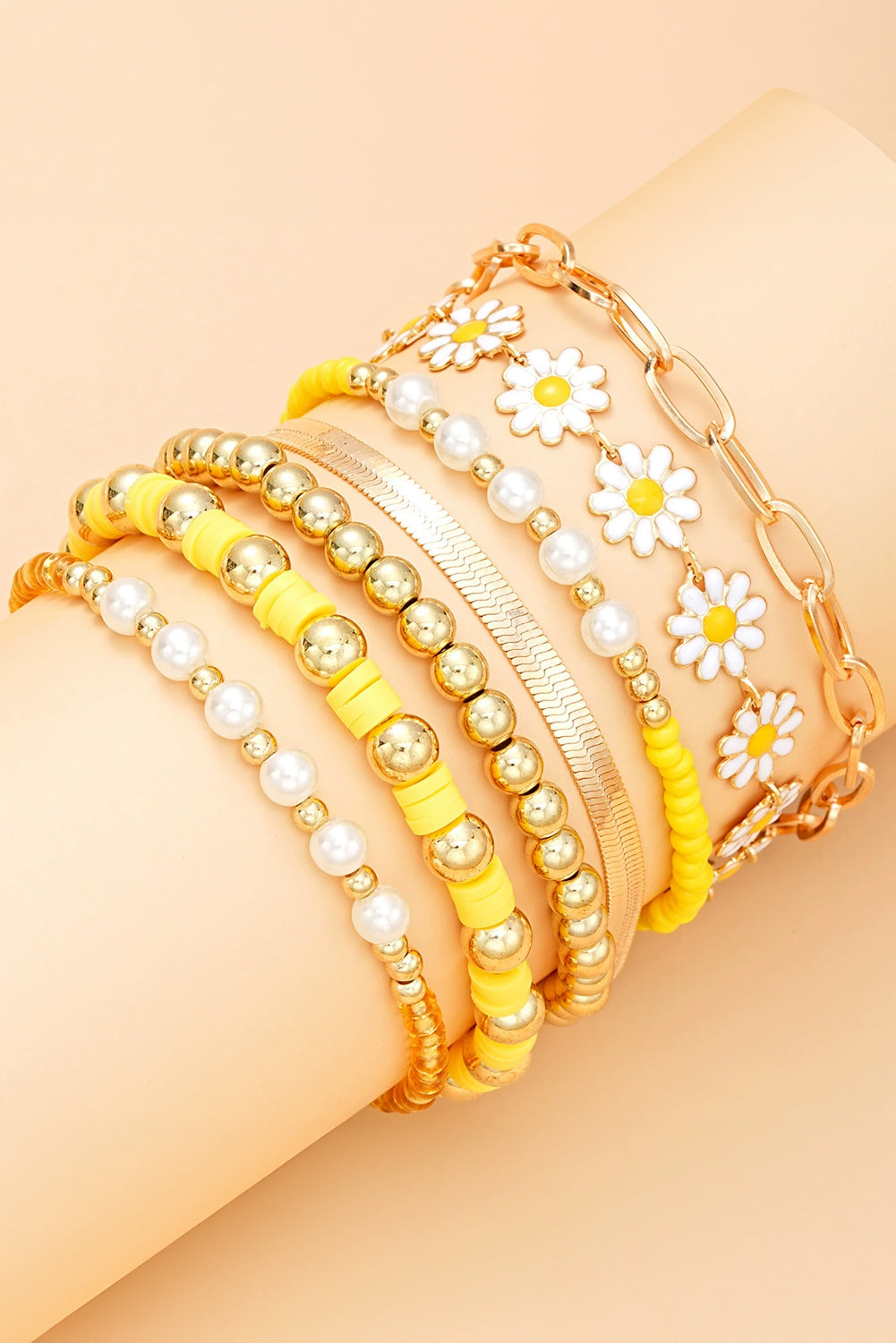 Gold Tone and Yellow Daisy Beaded Adjustable Multi Layer Bracelet Set: 6 Piece