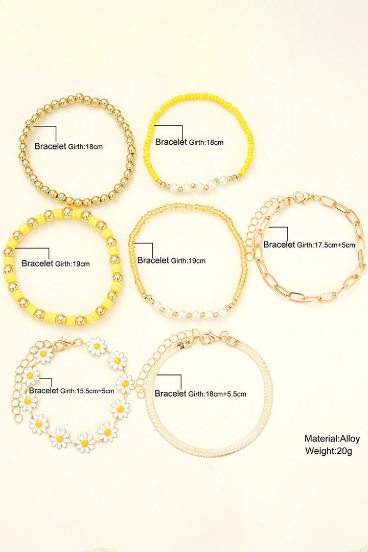 Gold Tone and Yellow Daisy Beaded Adjustable Multi Layer Bracelet Set: 6 Piece