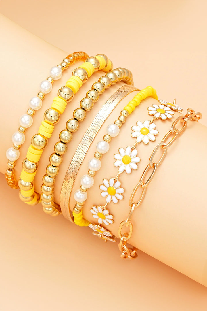 Gold Tone and Yellow Daisy Beaded Adjustable Multi Layer Bracelet Set: 6 Piece
