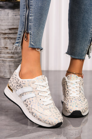 Pair of Ivory Glow luxe leopard low-top sneakers in ivory white