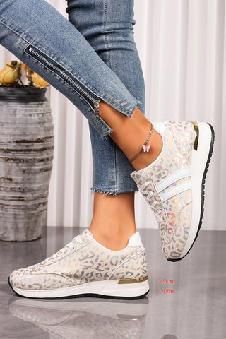 Ivory Glow leopard low-top sneakers, top-down view with white laces