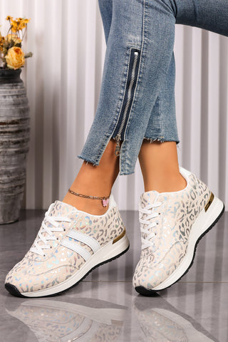 Ivory Glow leopard sneaker showing iridescent print detail
