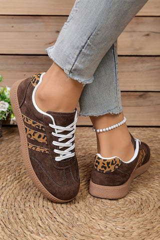 Coffee House leopard patchwork sneaker showing contrast stitching detail