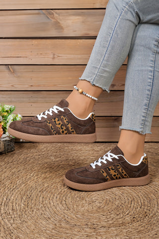 Coffee House leopard patchwork sneakers, top-down view