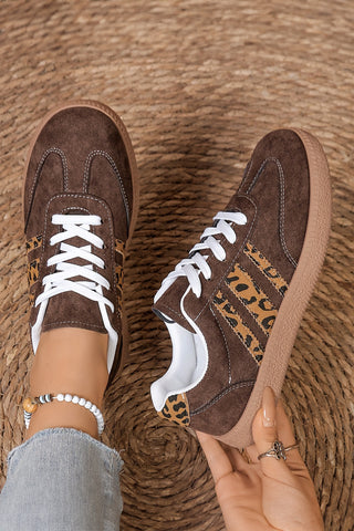 Coffee brown faux suede sneaker with leopard patchwork panels, side view