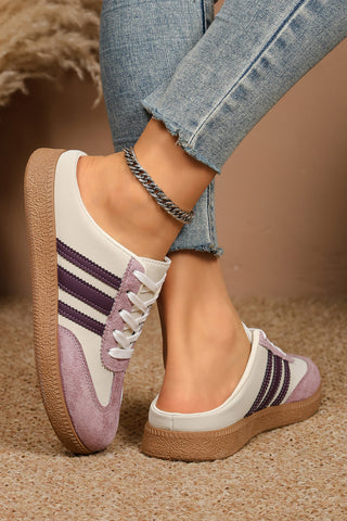 Violet League retro stripe sneaker, back view with plum heel detail