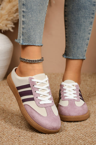 Violet League lavender and ivory colorblock sneaker with plum varsity stripes and gum sole, side view