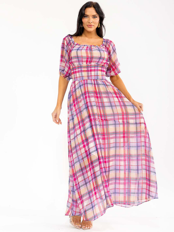 Sunset Bloom Plaid Smocked Maxi Dress – Azalea & Me
