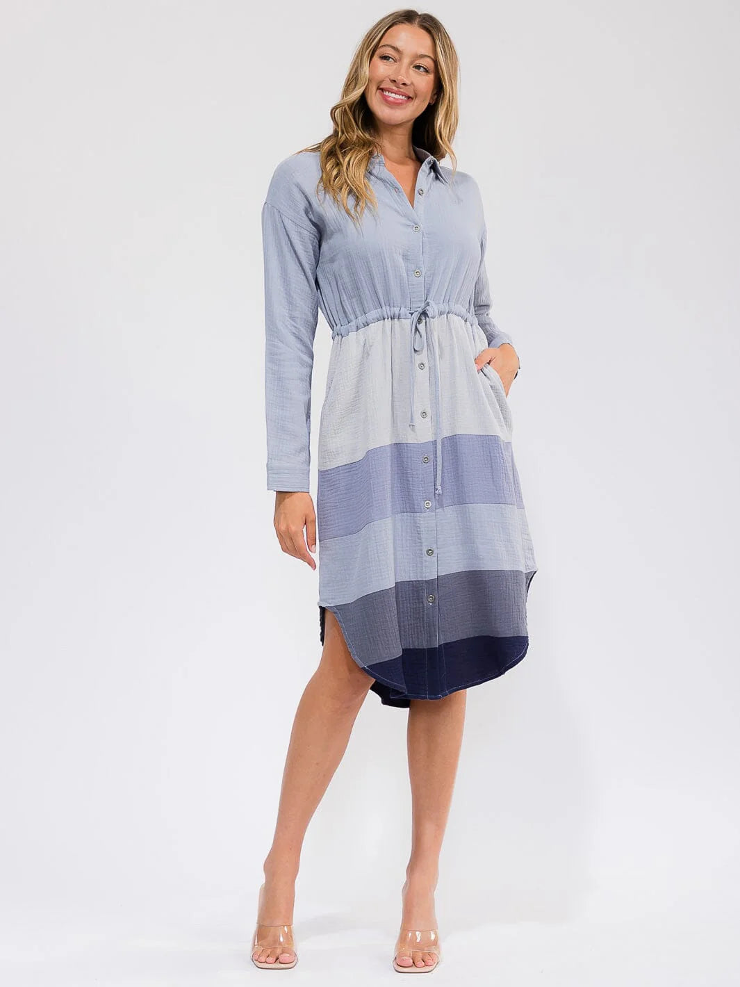 Mystree Gradient Blues Button-Front Shirt Dress