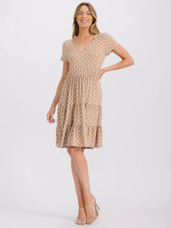 Les Amis Tan Polka Dot Tiered Midi Dress with Pockets