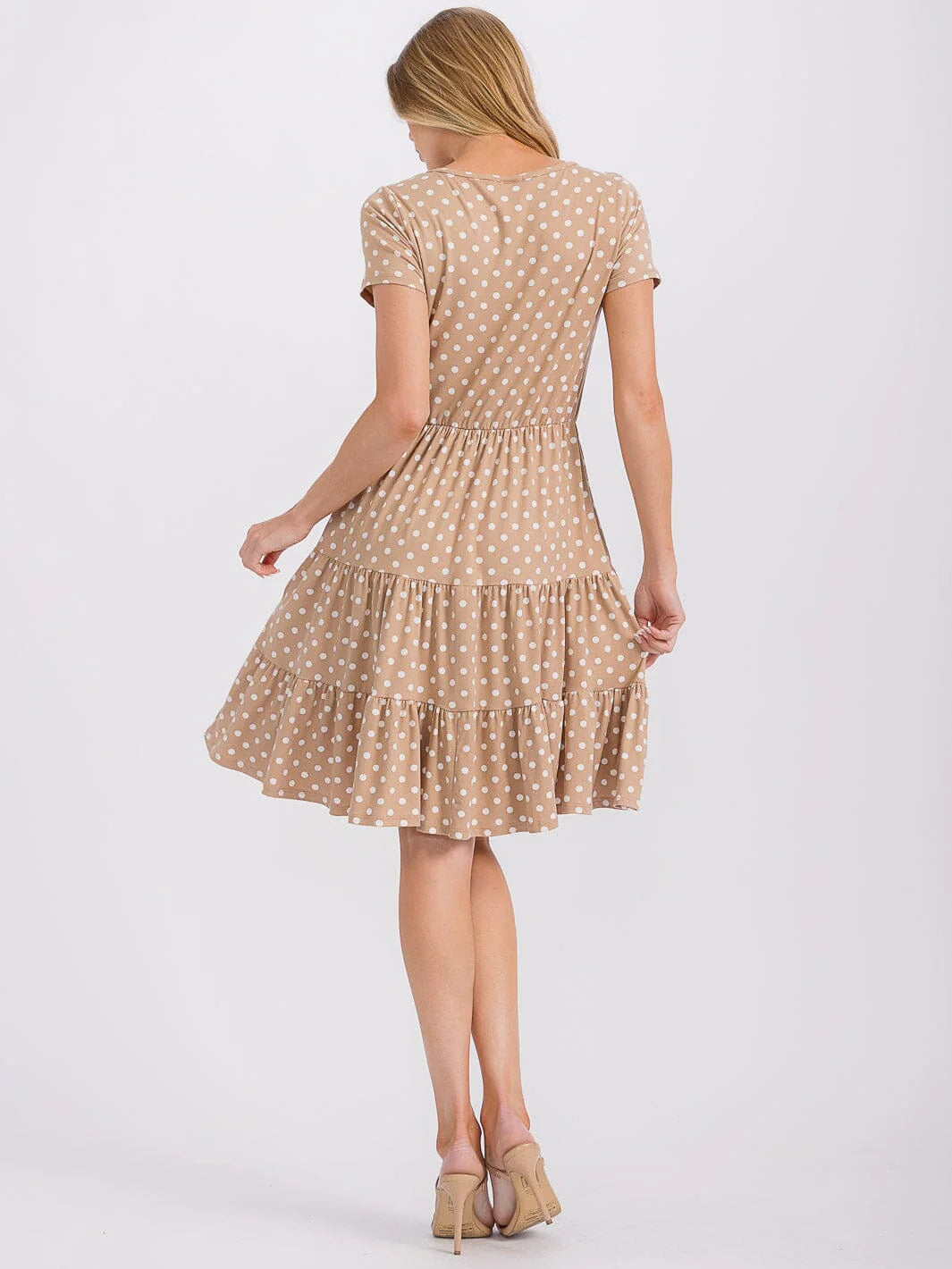 Les Amis Tan Polka Dot Tiered Midi Dress with Pockets