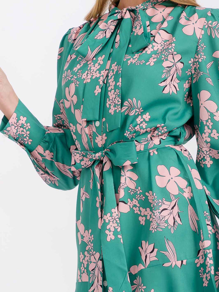 Miss Kelly 1999 Floral Tie‑Neck Dress – Emerald Bloom