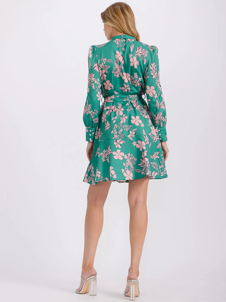 Miss Kelly 1999 Floral Tie‑Neck Dress – Emerald Bloom