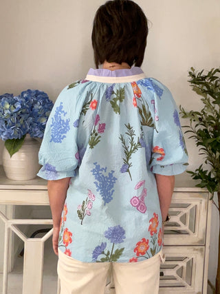 Umgee Floral Scalloped V-Neck Blouse | Seafoam