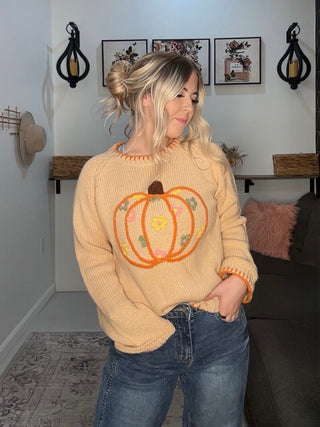 Pumpkin Floral Embroidered Thanksgiving Sweater