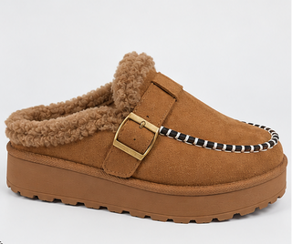 Camel Fur-Lined Braided Mules | Cozy Slip-On Platform Shoes