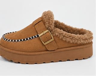 Camel Fur-Lined Braided Mules | Cozy Slip-On Platform Shoes