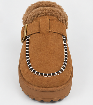 Camel Fur-Lined Braided Mules | Cozy Slip-On Platform Shoes