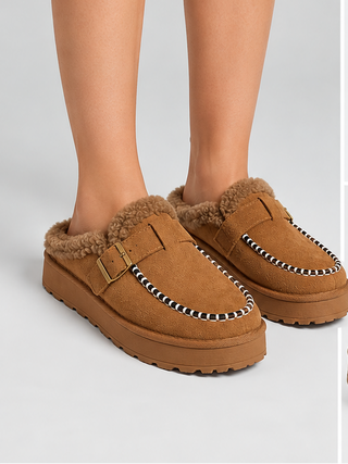 Camel Fur-Lined Braided Mules | Cozy Slip-On Platform Shoes