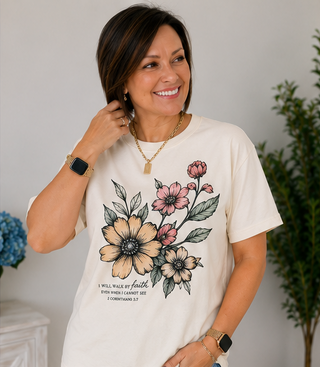 I Will Walk by Faith Floral Graphic Tee – Faith-Based Boutique Style with Feminine Floral Charm