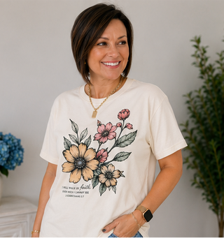 I Will Walk by Faith Floral Graphic Tee – Faith-Based Boutique Style with Feminine Floral Charm