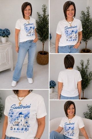 Santorini Greece Graphic Tee – Coastal Vacation Vibes in the Softest Everyday Tee