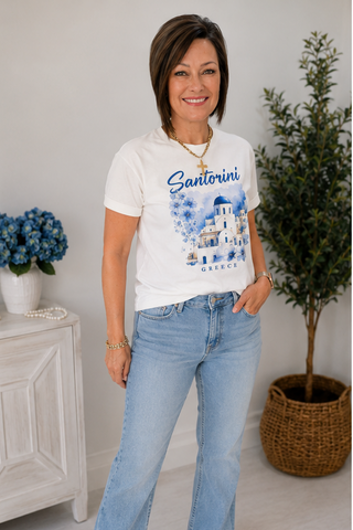Santorini Greece Graphic Tee – Coastal Vacation Vibes in the Softest Everyday Tee
