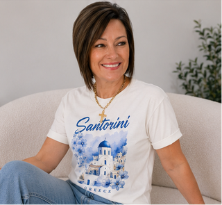 Santorini Greece Graphic Tee – Coastal Vacation Vibes in the Softest Everyday Tee