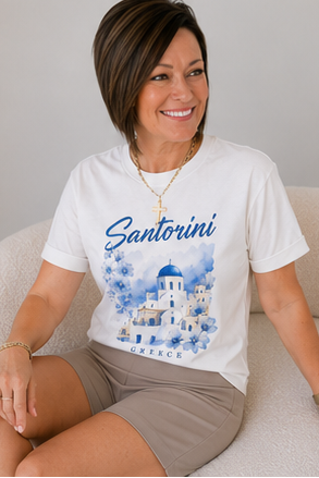 Woman wearing a Guadalupe t-shirt and tan shorts in various poses.