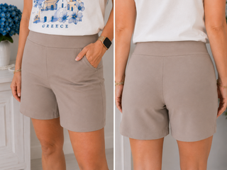Two views of beige shorts worn by a person, one with a white shirt and blue graphics, the other with a plain white shirt.