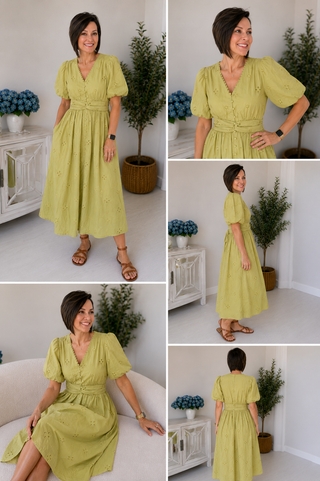 Woman wearing a green dress in various poses and settings
