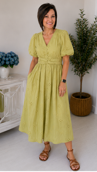 Woman wearing a light green dress standing in a room with a white cabinet and plant.