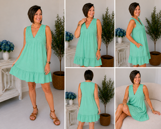 Woman wearing a green dress in various poses with a neutral background