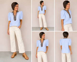 Woman wearing a light blue blouse with a patterned necklace and white pants, shown from multiple angles.