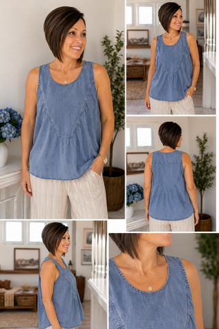 Woman wearing a blue sleeveless top in a home setting with multiple views.