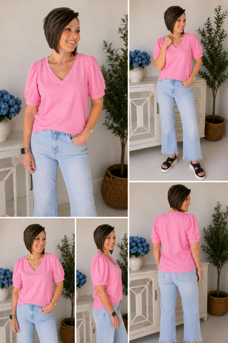Woman wearing a pink top and light blue jeans in various poses indoors.