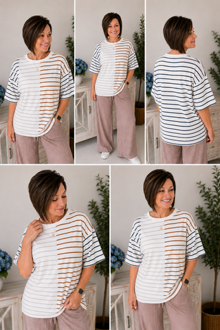 Woman wearing a striped shirt and beige pants in a home setting.