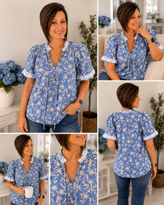 Woman wearing a blue floral blouse in various poses with a neutral background.