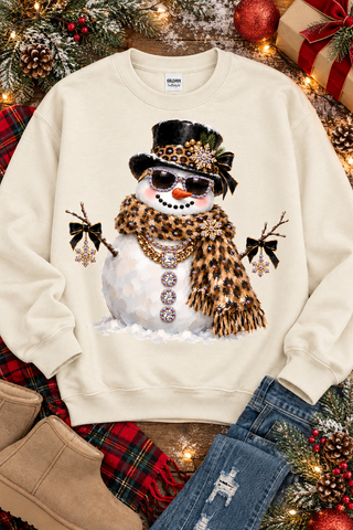 Natural crewneck sweatshirt with snowman in a leopard scarf, top hat and sunglasses with hand-applied crystals