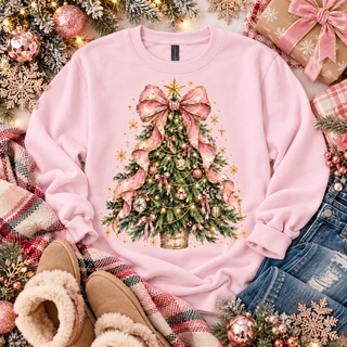 Rhinestone Christmas Tree Bow Crewneck Sweatshirt | Pink Christmas Sweatshirt