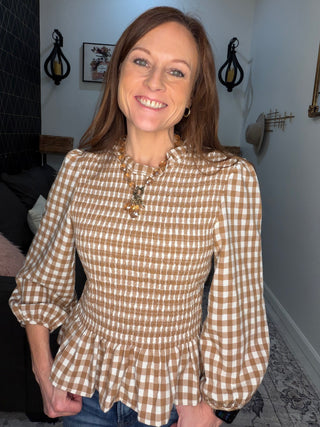 Butterscotch Gingham Shirred Peplum Top