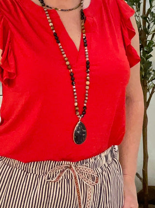 Hey Beautiful – Natural Stone Beaded Long Necklace with Black Pendant – Boho Statement Layering Necklace