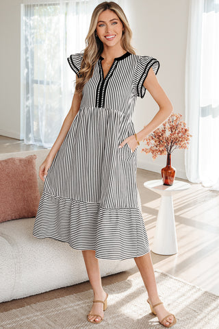 Classic Stripe Ruffle Sleeve Midi Dress – Contrast Trim Detail