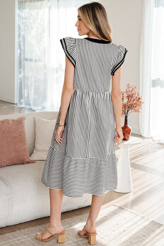 Classic Stripe Ruffle Sleeve Midi Dress – Contrast Trim Detail