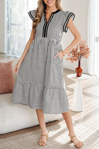 Classic Stripe Ruffle Sleeve Midi Dress – Contrast Trim Detail