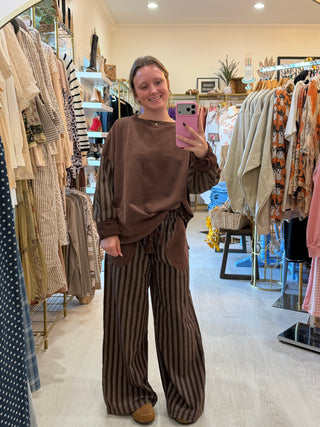 Striped Terry Lounge Set | Cocoa Pullover & Wide Leg Pants