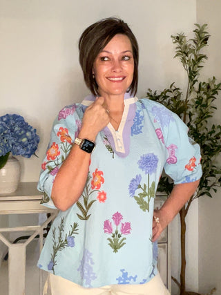 Umgee Floral Scalloped V-Neck Blouse | Seafoam