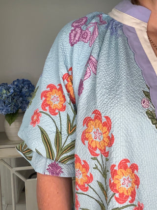Umgee Floral Scalloped V-Neck Blouse | Seafoam